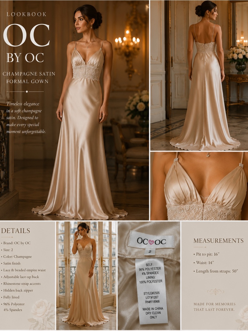 OC by OC Champagne Satin Lace Evening Gown Size 2